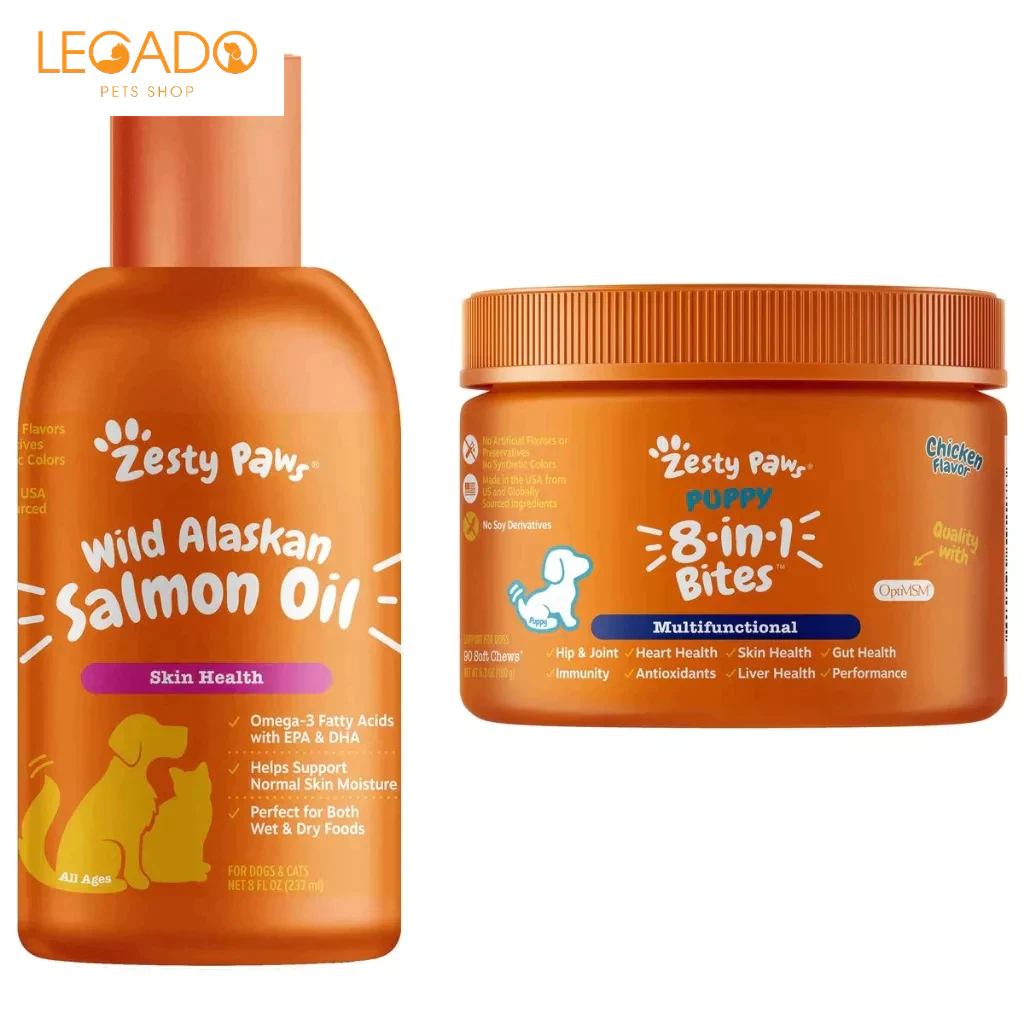 Viên Bổ Vitamin Tổng Hợp Cho Chó Con/Size Nhỏ Zesty Paws 8 in 1 Puppy (Hủ 90 Viên) + Dầu Cá Hồi Wild Alaska Sal