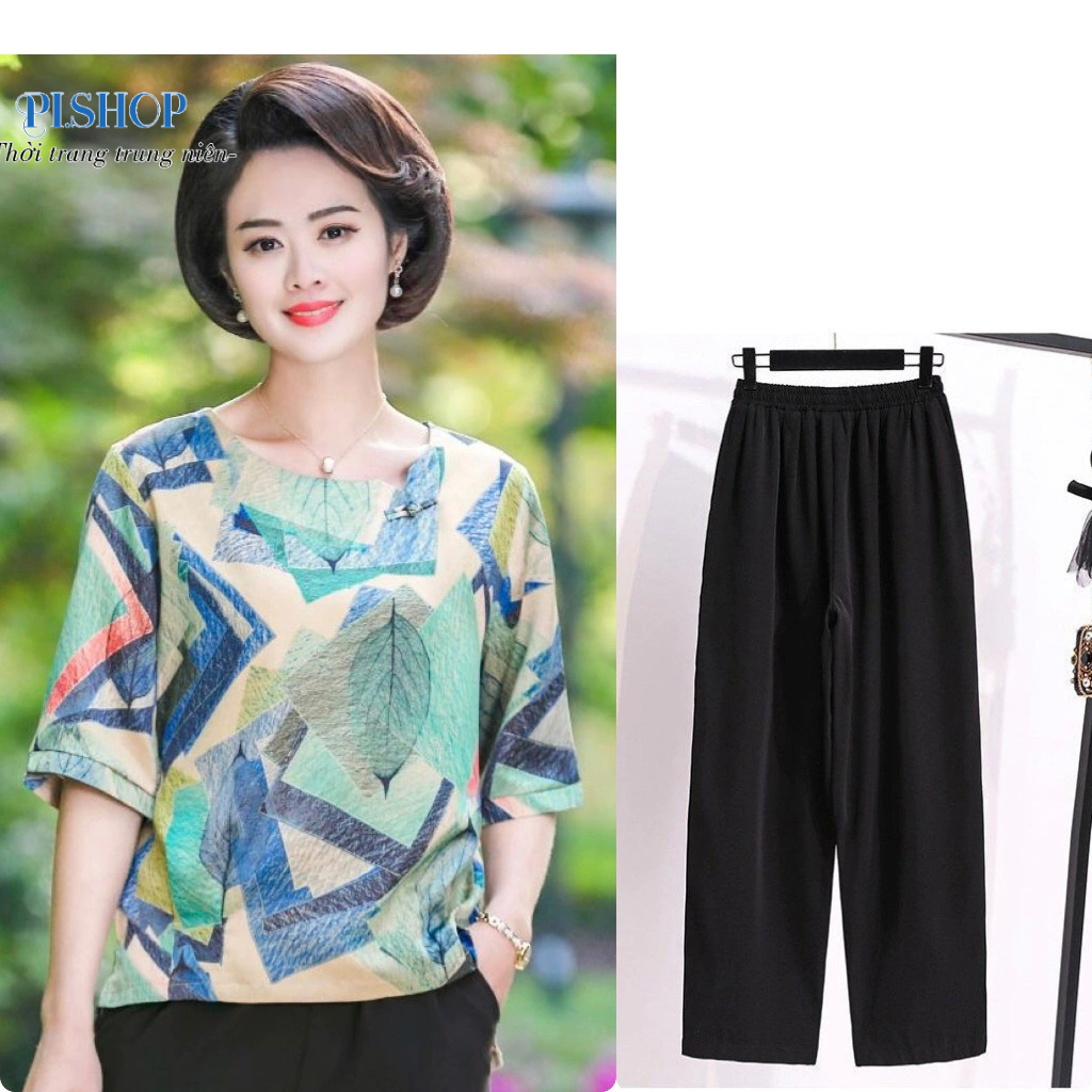 Bộ Trung Niên Mặc Ở Nhà Cho Mẹ, Set Đồ Trung Niên Áo Ngắn Quần Dài Cho Mẹ U50+ Thoải Mái Trẻ Trung