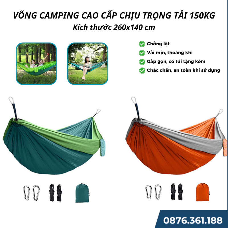 Võng Camping, Võng Xếp, Võng Dã Ngoại 260*140cm gấp gọn siêu nhẹ, Đi Cắm Trại,Du lịch tiện lợi (Tặng Túi,Dây,Móc)[DCP28]