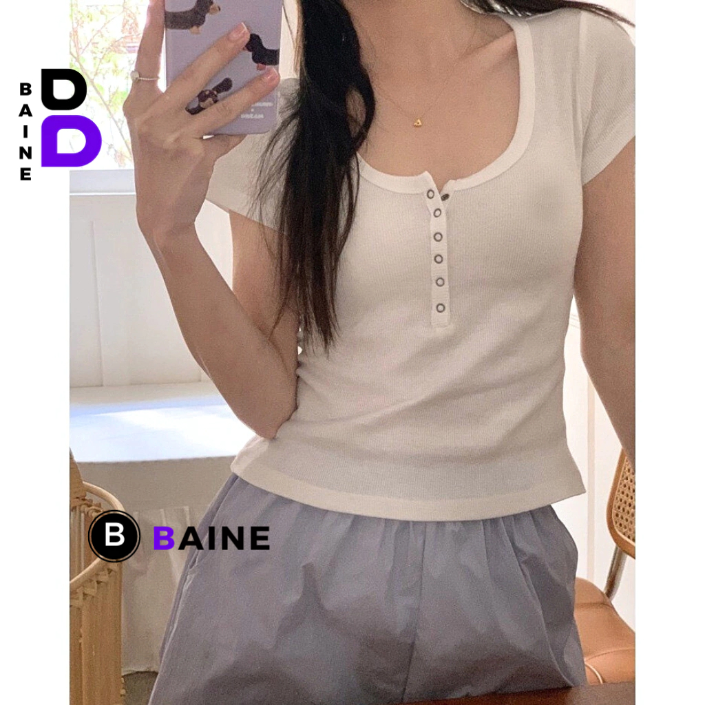 Áo BABY TEE CỔ VUÔNG NÚT BẤM DÁNG DÀI Ôm Body Chất Thun Gân, Áo tay ngắn cổ tròn kiểu nữ mềm mát BAINE