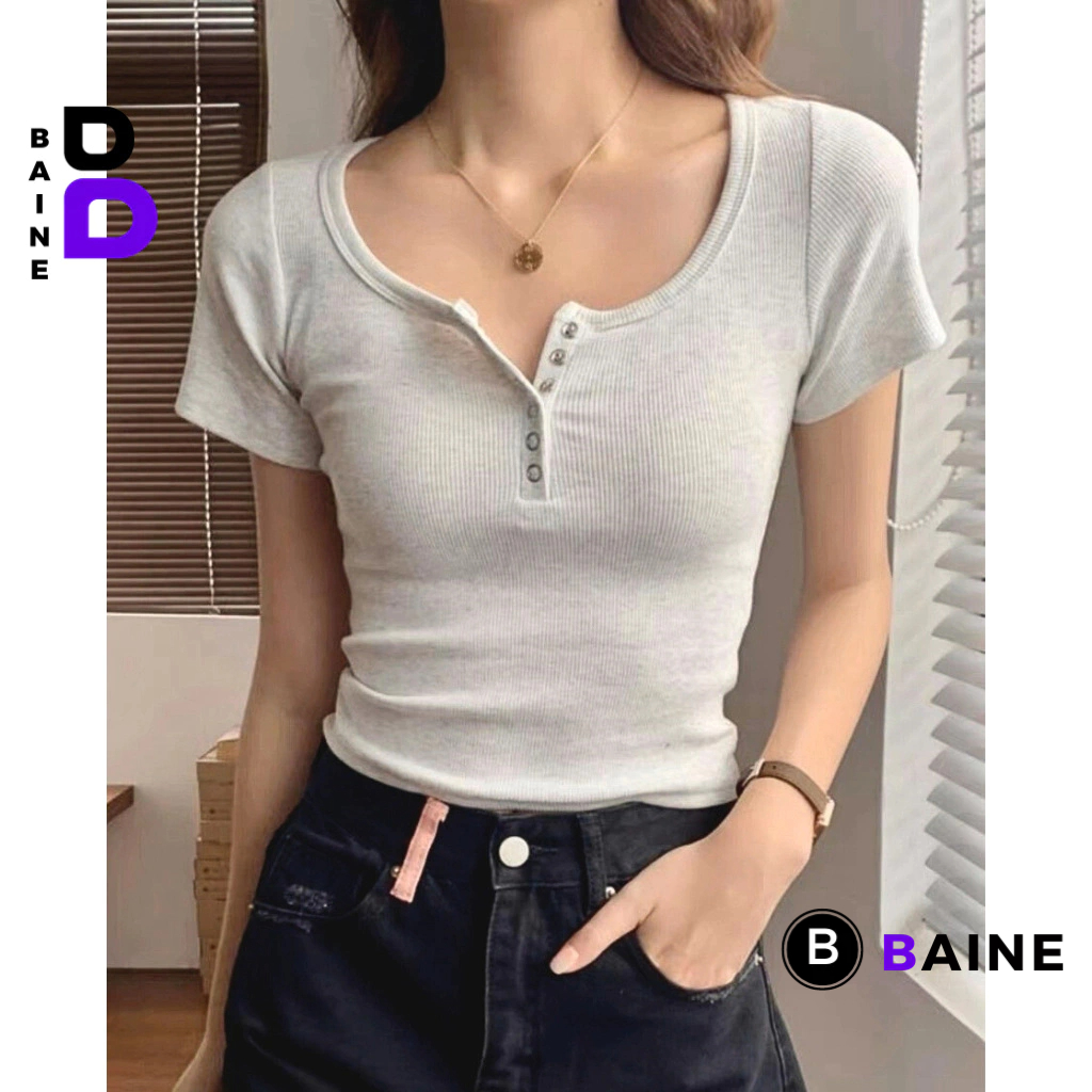Áo BABY TEE CỔ VUÔNG NÚT BẤM DÁNG DÀI Ôm Body Chất Thun Gân, Áo tay ngắn cổ tròn kiểu nữ mềm mát BAINE