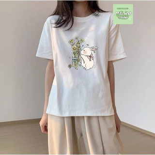 Áo Thun Nữ Tay Ngắn Form Rộng In Hình Thỏ Hoa MENINA_STUDIO, áo thun vải cotton 100% dày dặn hình in thời trang