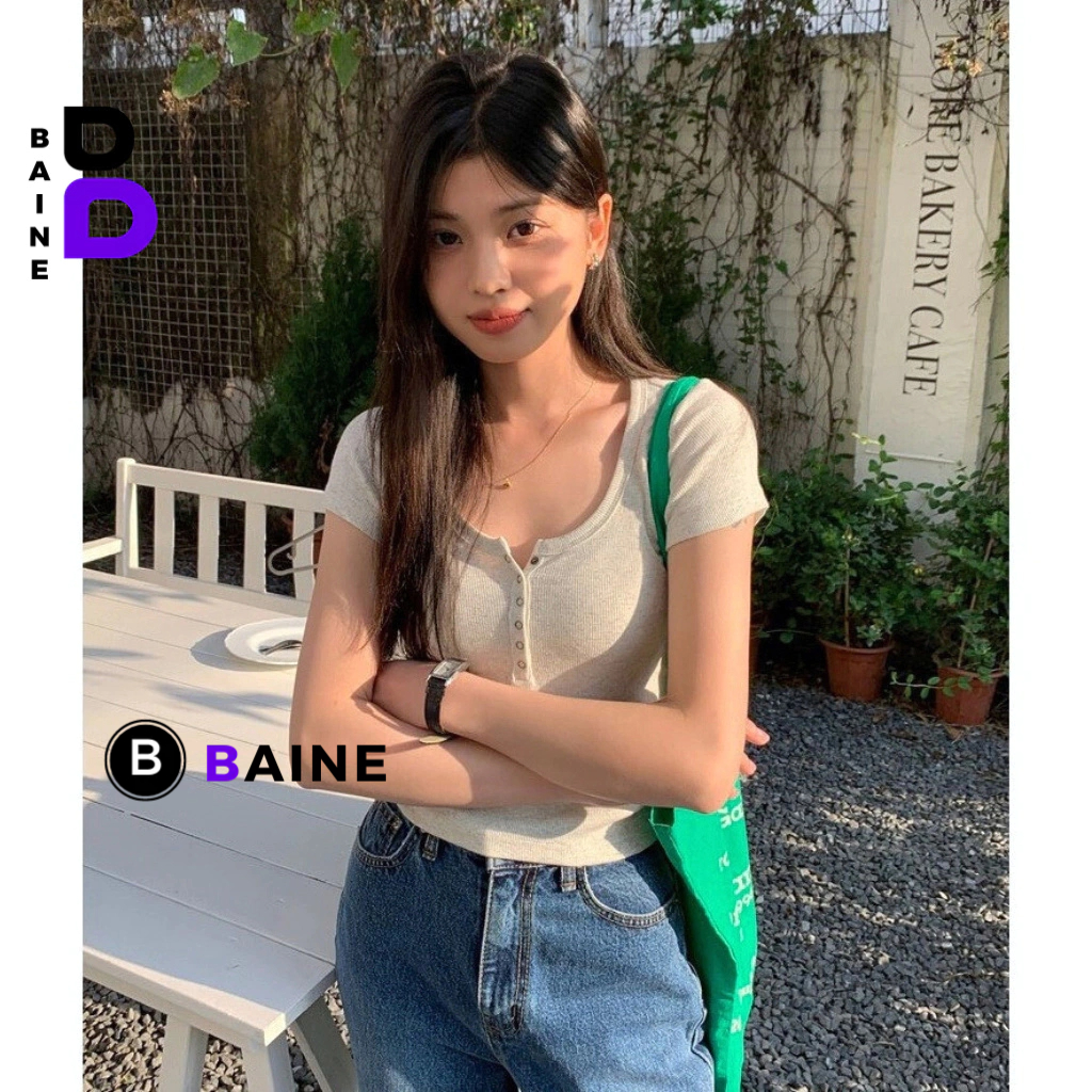 Áo BABY TEE CỔ VUÔNG NÚT BẤM DÁNG DÀI Ôm Body Chất Thun Gân, Áo tay ngắn cổ tròn kiểu nữ mềm mát BAINE