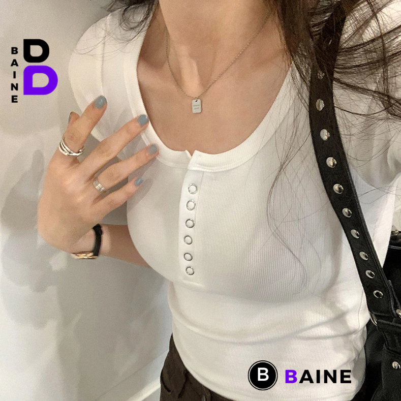 Áo BABY TEE CỔ VUÔNG NÚT BẤM DÁNG DÀI Ôm Body Chất Thun Gân, Áo tay ngắn cổ tròn kiểu nữ mềm mát BAINE
