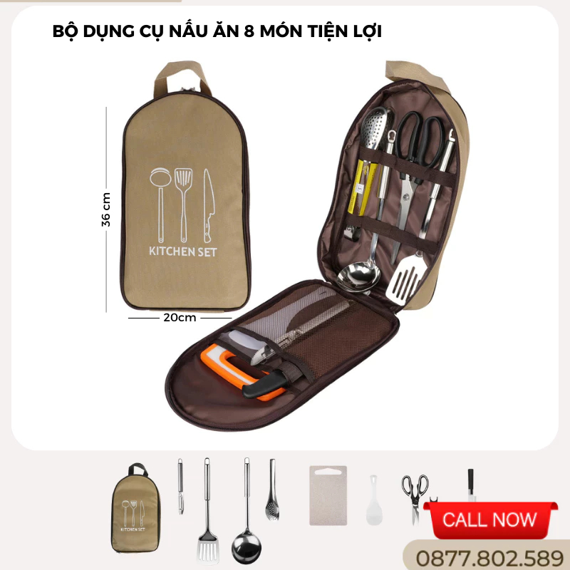 Bộ dụng cụ nấu ăn 8 món Camping có túi đựng cho du lịch và dã ngoại, cắm trại, camping Tiện Lợi [DCP5]