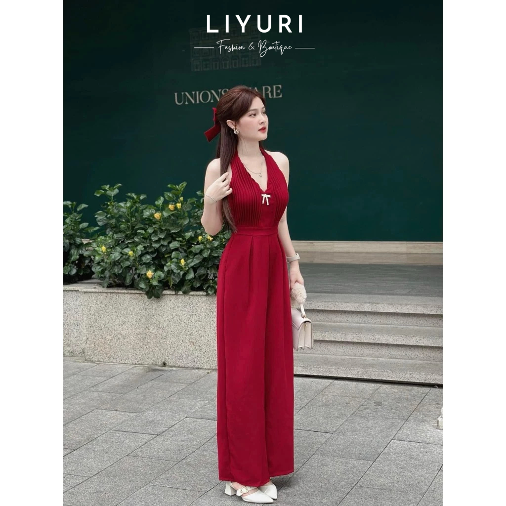 Jumpsuits Đỏ Cổ Yếm Xếp Ly Ống Rộng - LIYURI STORE