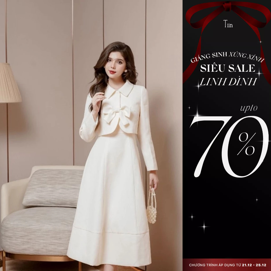 Váy 2 dây màu kem dáng dài xoè đáp ngực gập gấu Tiin Store V0D948