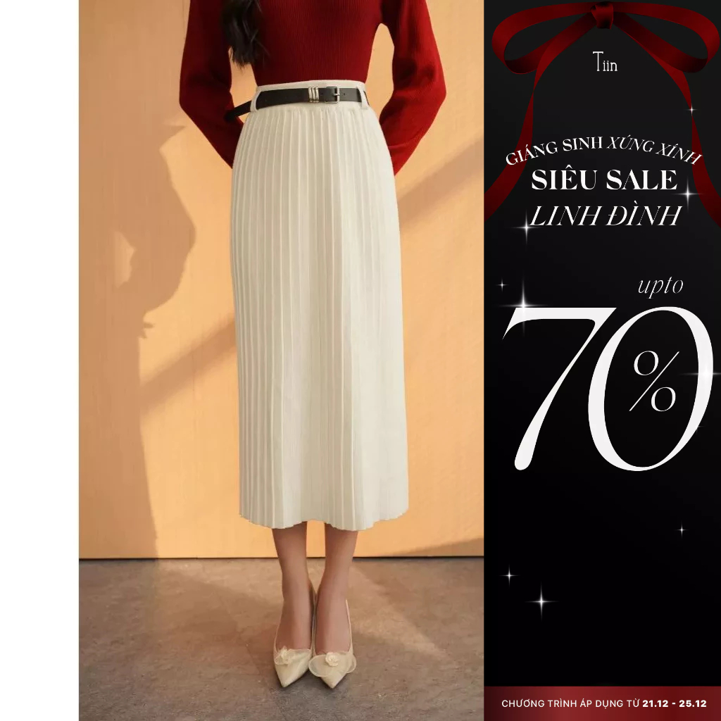 Chân váy midi len dáng dài xếp ly kèm đai hai màu freesize Tiin Store GC23193