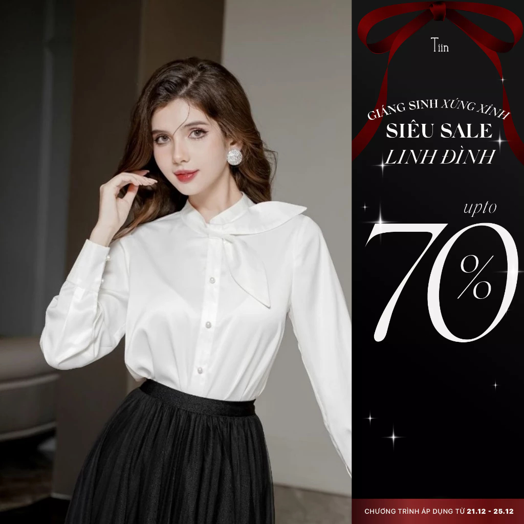 Áo sơ mi cổ trụ nơ lệch tay măng sec công sở cao cấp Tiin Store - AHD883