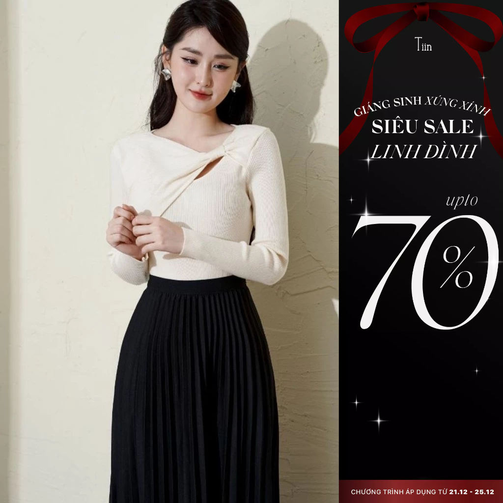 Áo len nữ dài tay cut out cổ tạo nơ hai màu freesize Tiin Store GA23004