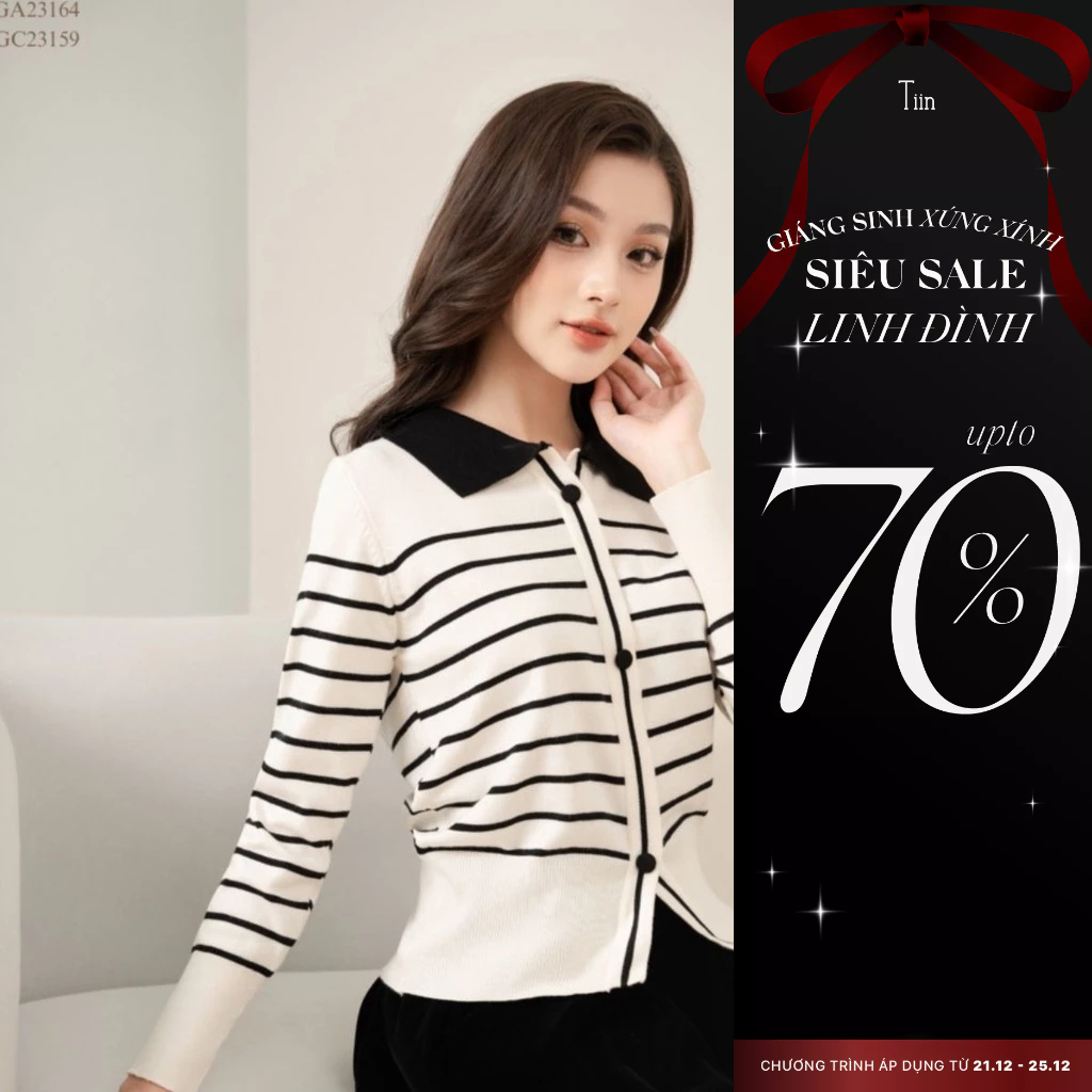 Áo len nữ kẻ cổ bẻ đính khuy TIINSTORE GA23164