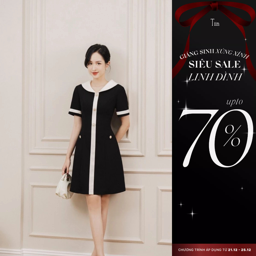 Váy cổ sen Đầm nữ chữ A phối đen trắng dễ mặc TIINSTORE VHN732