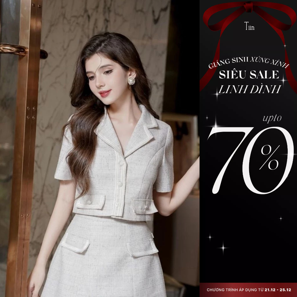 Áo nữ ngắn tay dáng lửng cổ vest phối dây 2 nắp túi màu ghi nhạt Tiin Store ADN875