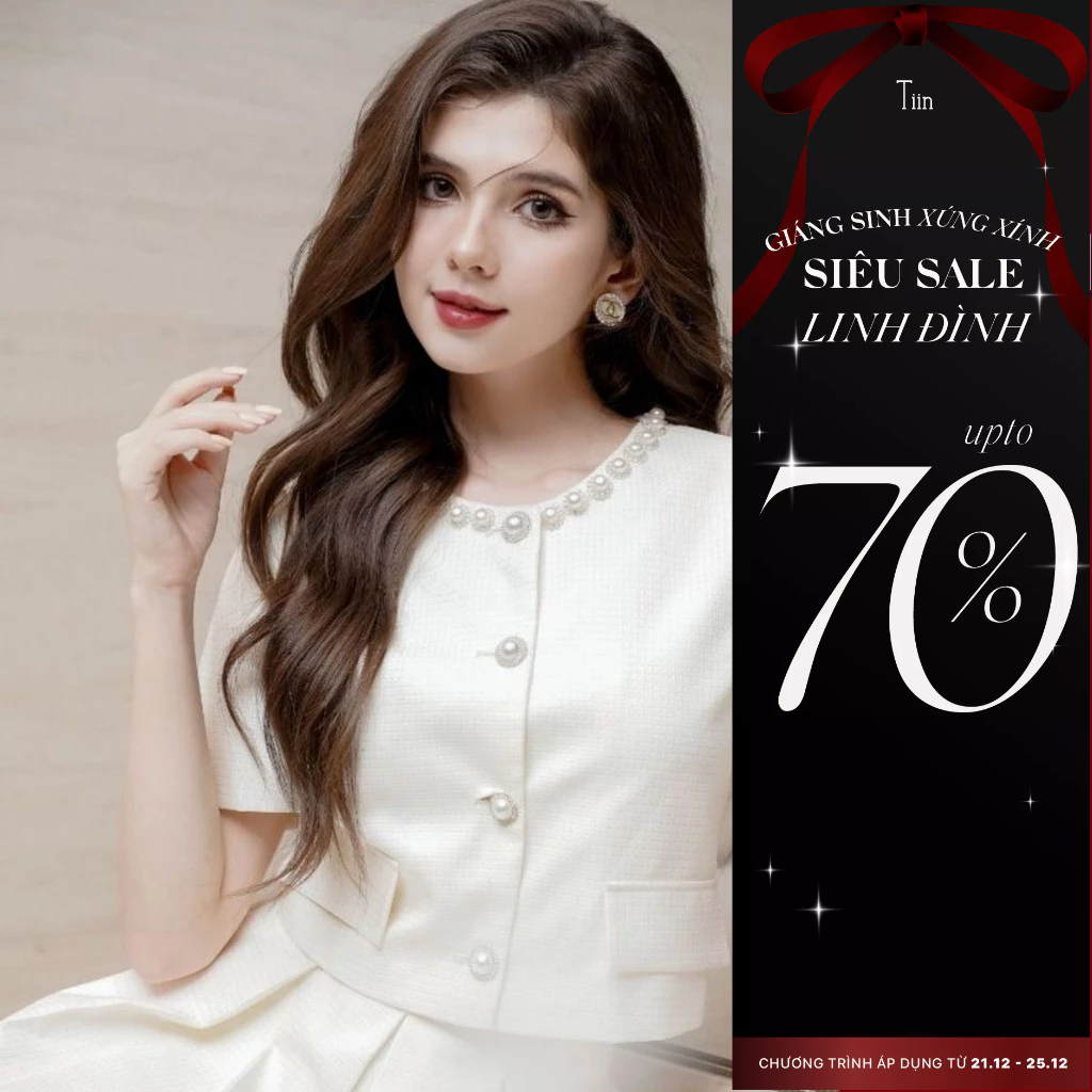 Áo kiểu nữ ngắn tay dáng lửng cổ tròn đính dây hạt nắp tú màu kem Tiin Store ADN876
