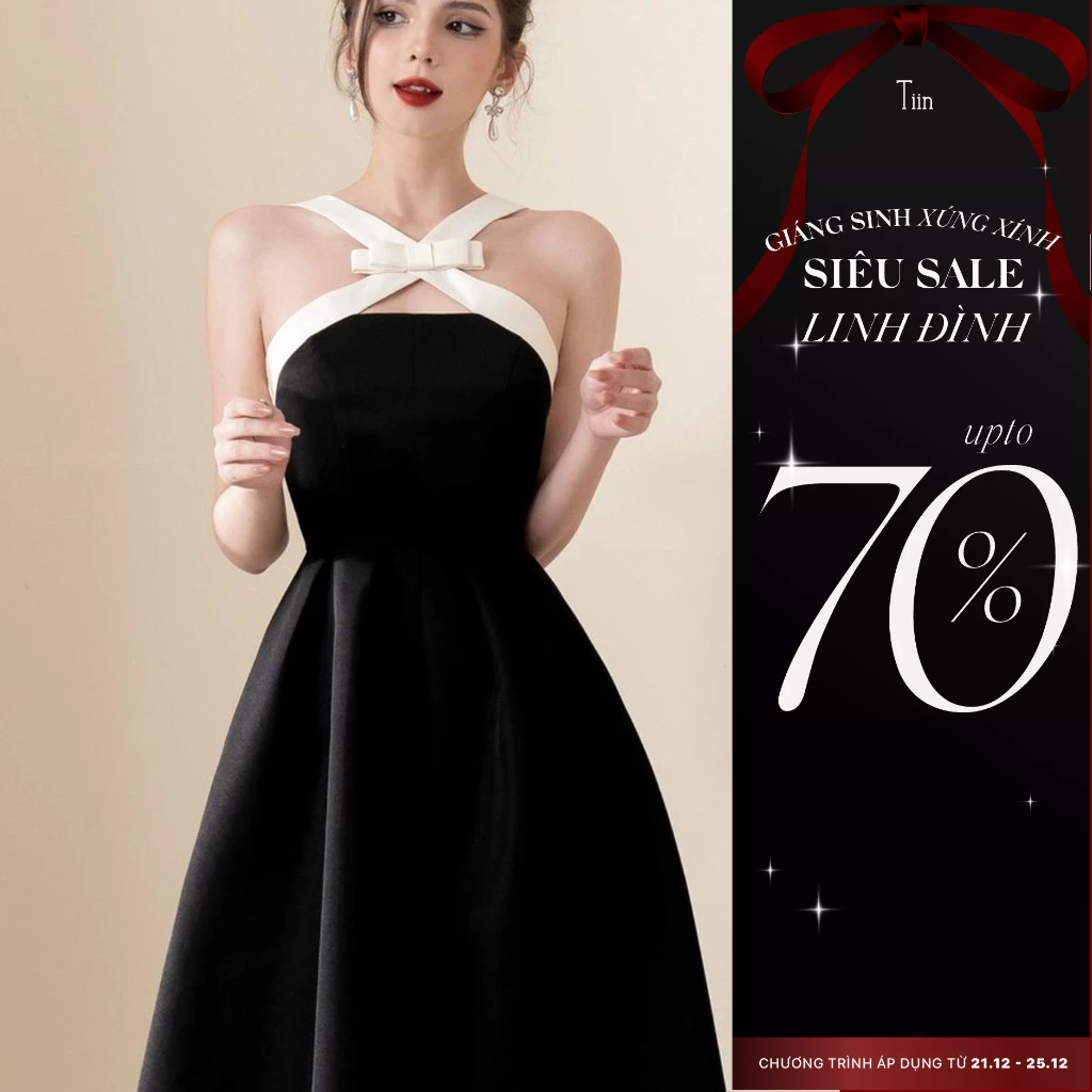 Váy cổ yếm chéo đính nơ TIINSTORE V0D826