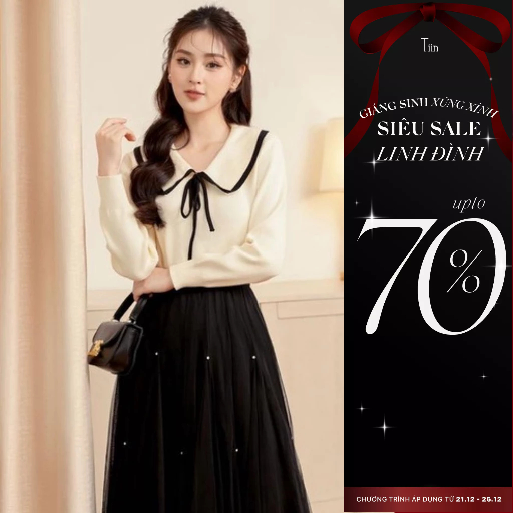 Áo len nữ cổ bẻ viền màu đính nơ TIINSTORE GA23146