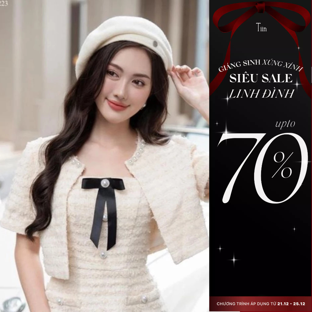Áo khoác dạ tweed cổ tròn viền ngọc màu kem TIINSTORE ADK900