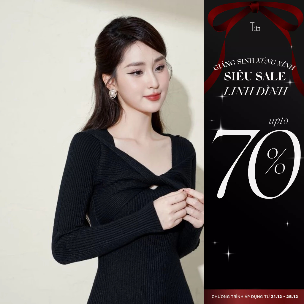 Váy len body nữ xoắn ngực dáng dài màu đen freesize Tiin Store GV23039