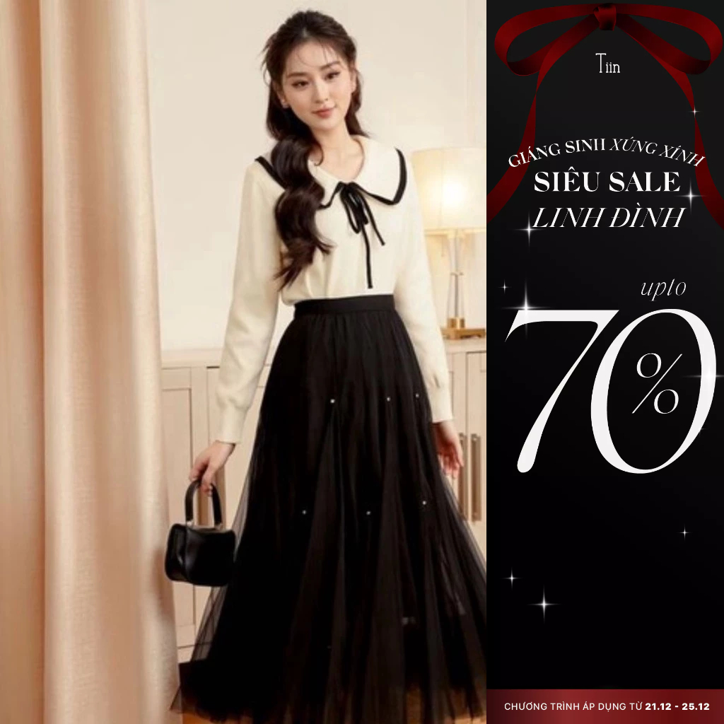 Chân váy nữ voan xòe dáng dài đính ngọc trai TIINSTORE GC23140