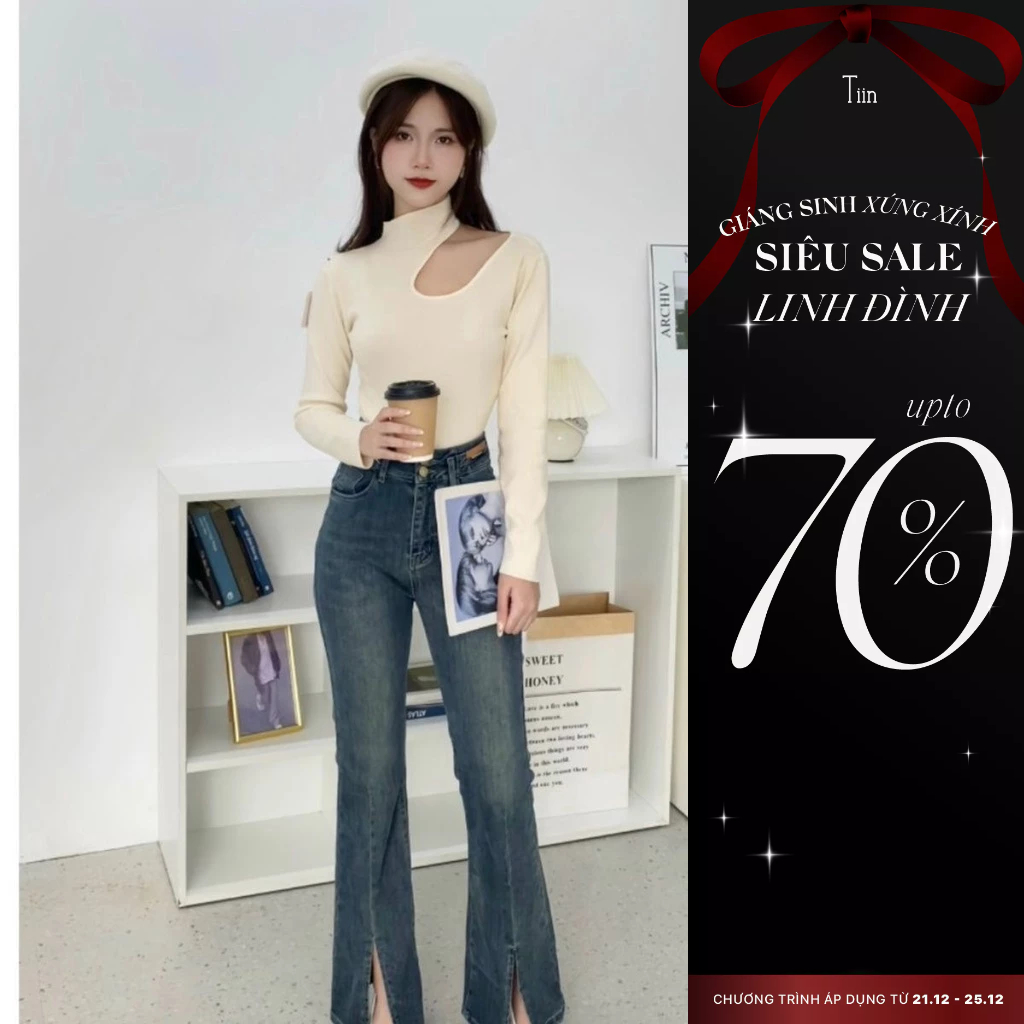 Quần Jeans ống loe dáng dài xẻ gấu TIINSTORE GQ23092