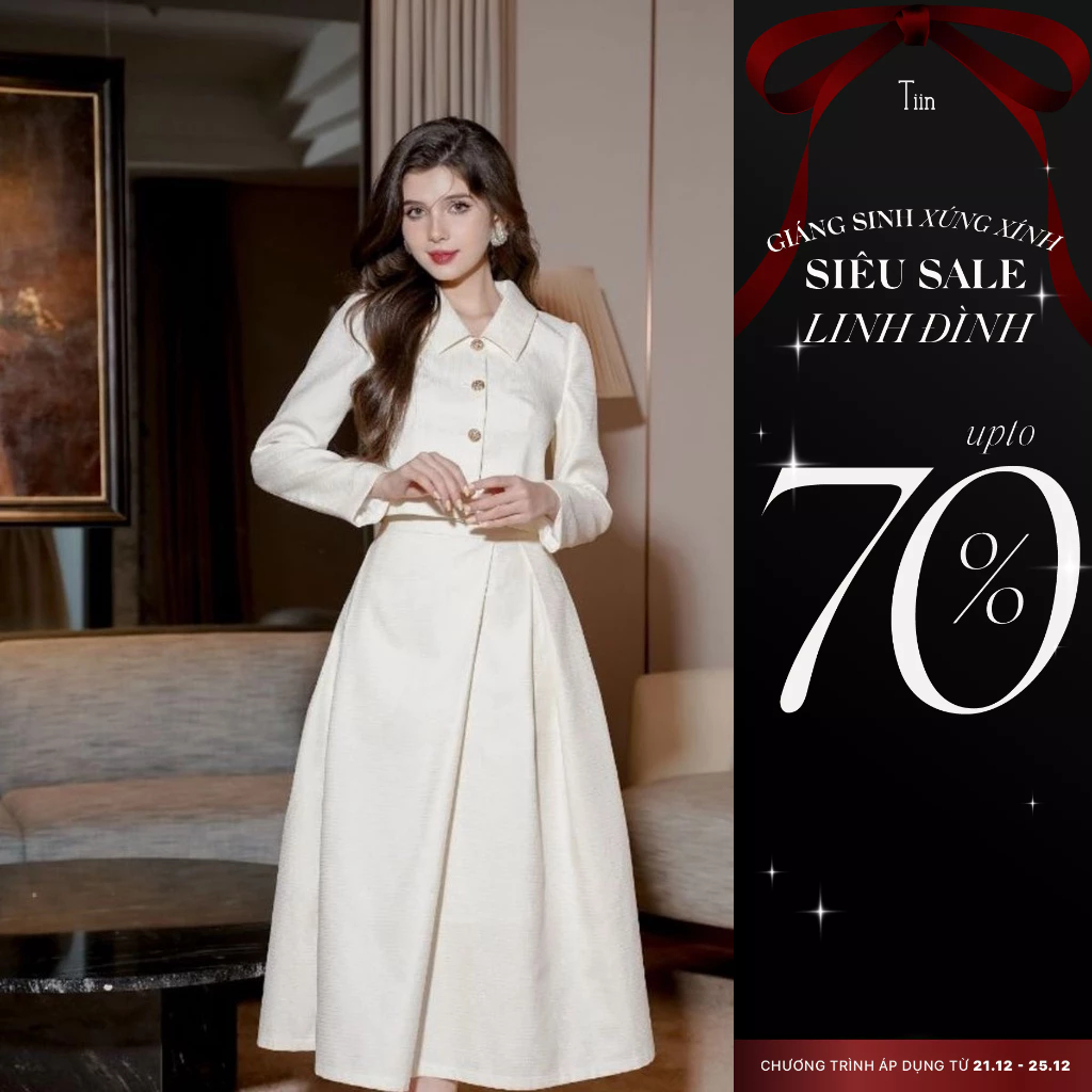 Chân váy xếp ly lệch dáng dài màu kem Tiin Store CDD278