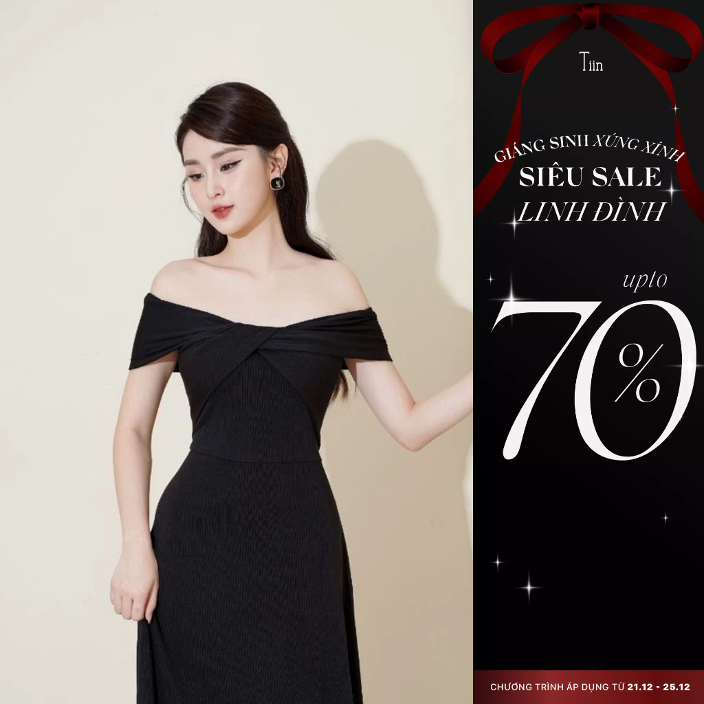 Váy len tăm nổi nữ màu đen trễ vai xoắn Tiin Store VDN945