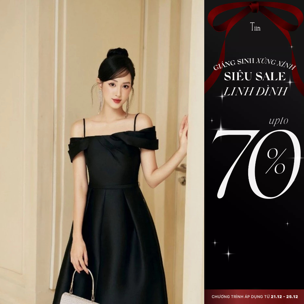 Váy dự tiệc đen dáng dài xếp ly trễ vai xoắn ngực Tiin Store VHN939