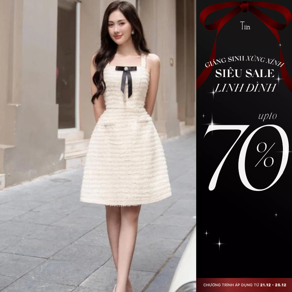 Váy dạ tweed 2 dây đính nơ màu kem TIINSTORE VDN971