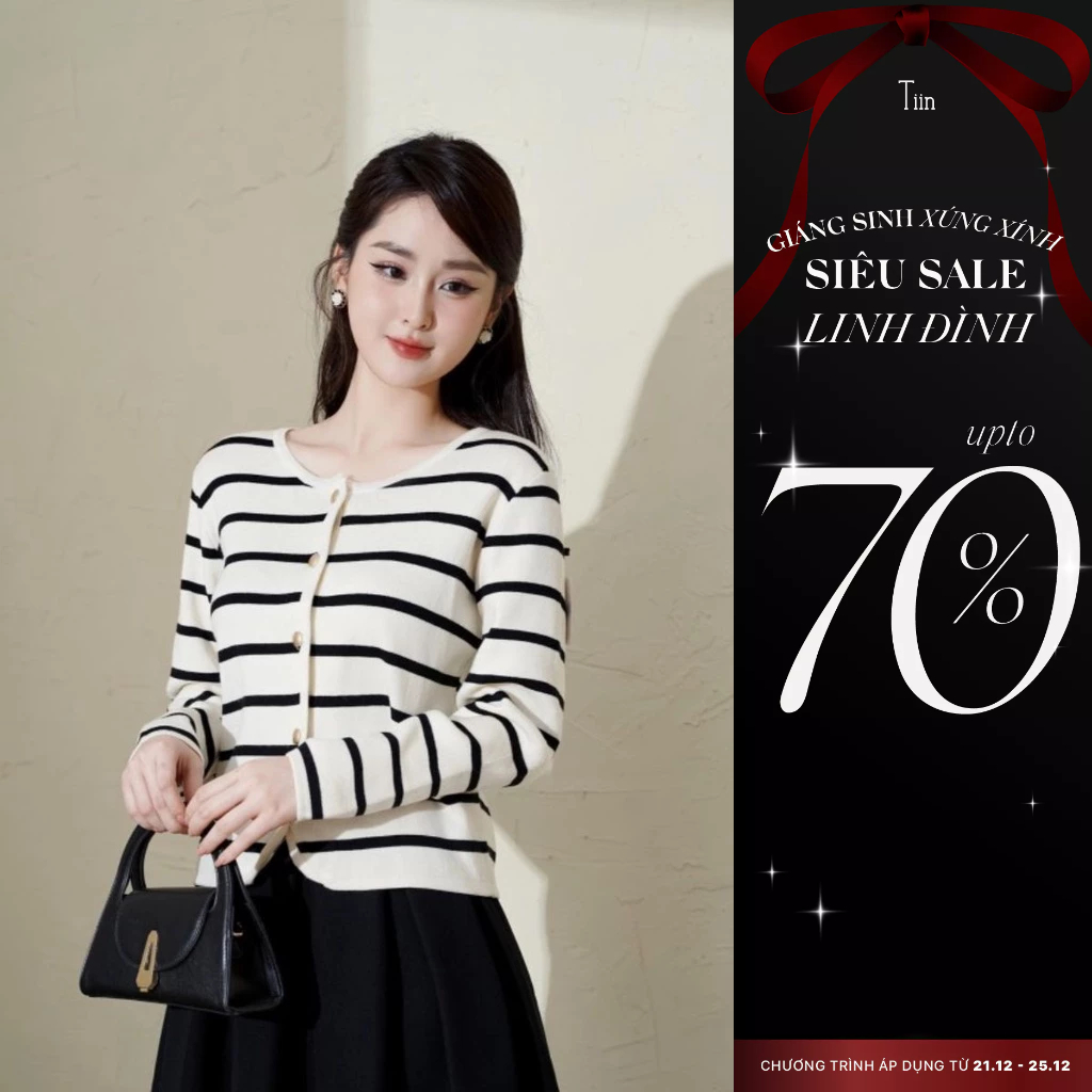 Len kẻ ngang cổ tròn khuy cài TIINSTORE GA23029