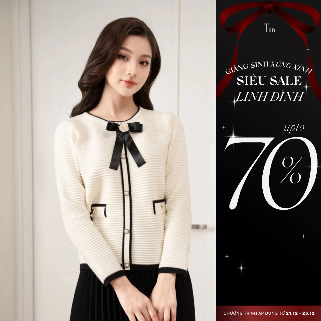 Áo len phối viền màu đính nơ cổ TIINSTORE GA23163