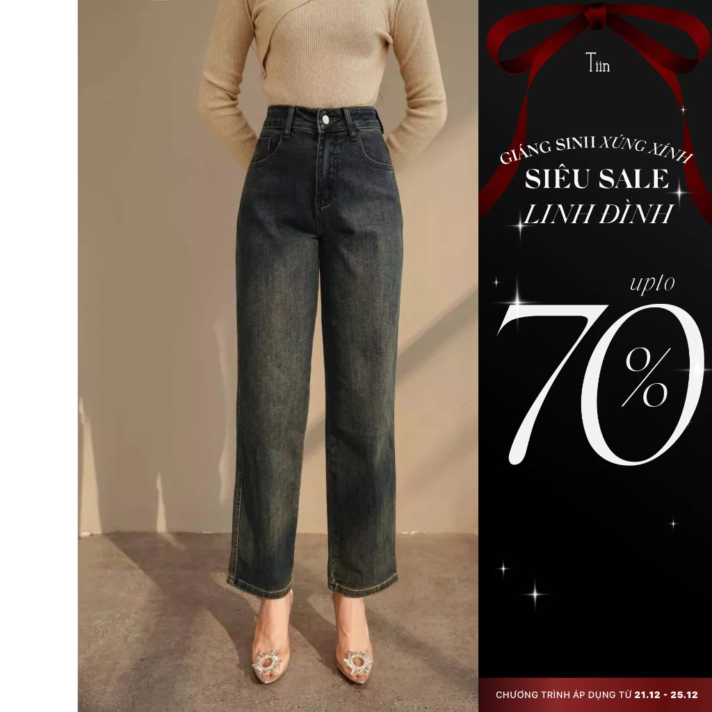 Quần jeans xanh nữ dáng suông ba size S M L Tiin Store GQ23174
