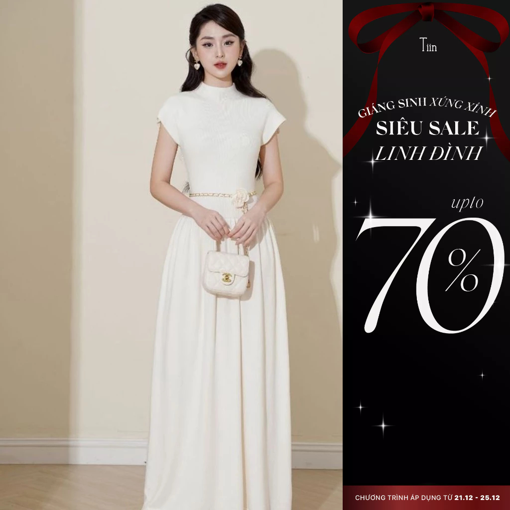 Váy len nữ cổ lửng tay hến dáng A hai màu đen kem freesize ( không kèm đai) Tiin Store GV23037