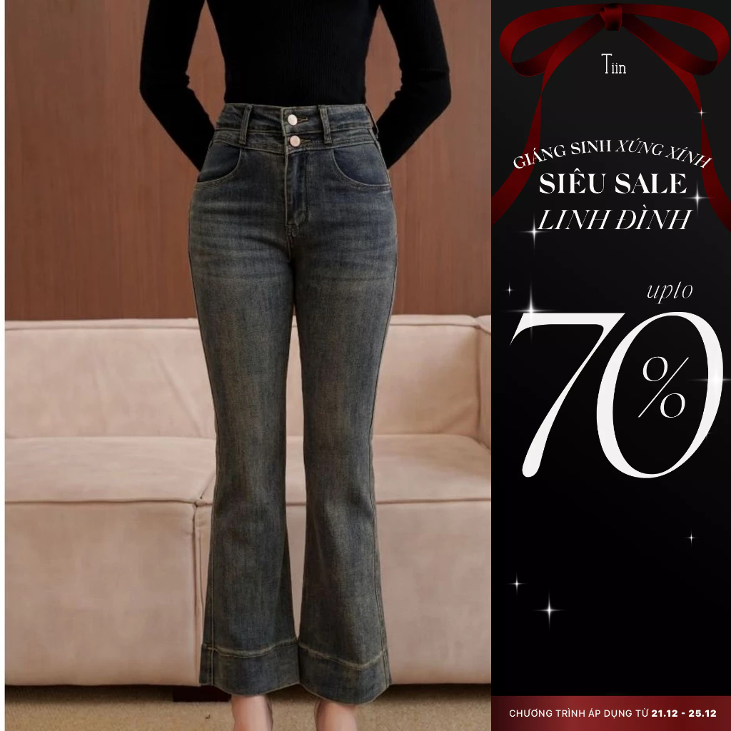 Quần Jeans ống loe dáng lửng gập gấu TIINSTORE GQ23179