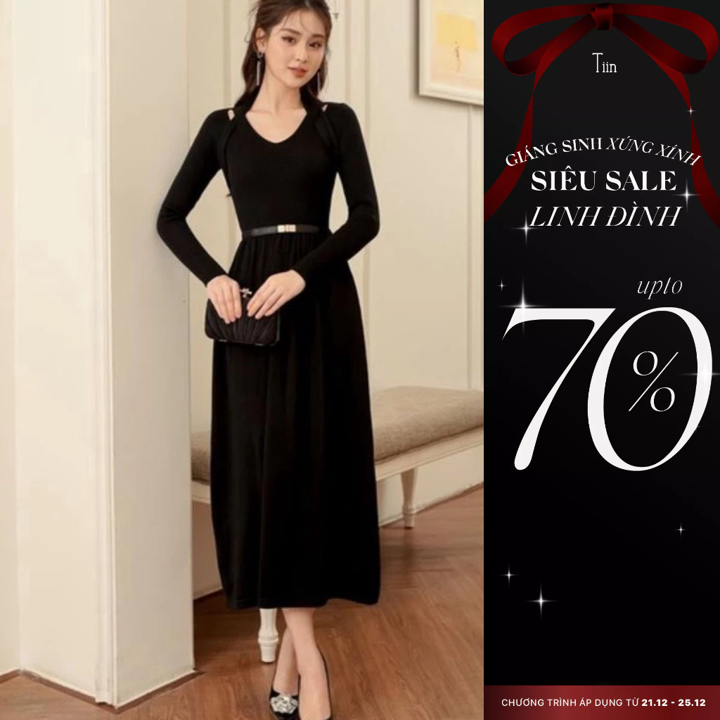 Váy len nữ dây quàng cổ dáng xòe A dài TIINSTORE GV23149