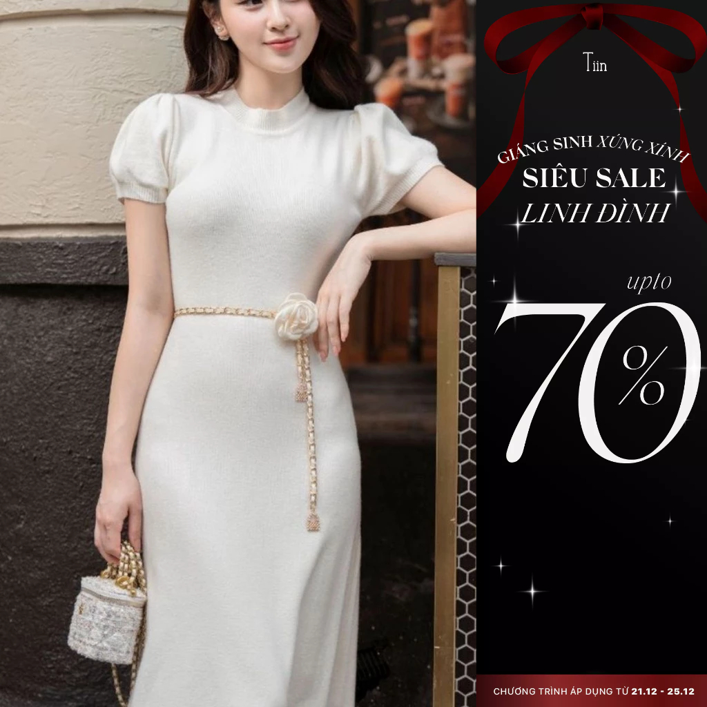 Váy len dáng dài A cổ tròn gân hai màu freesize (không kèm đai) Tiin Store GV23047