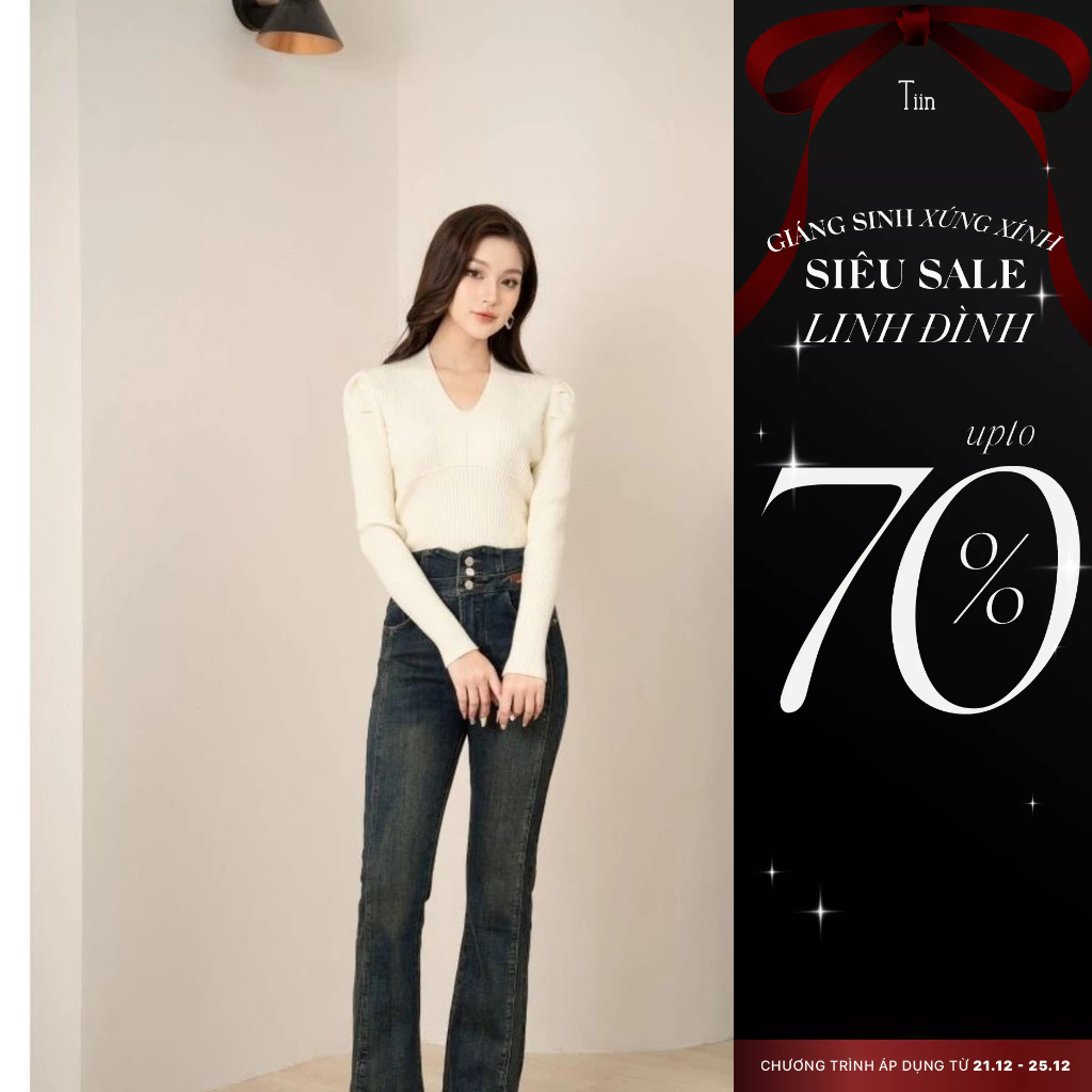 Quần jeans xanh nữ ống loe ôm dáng 3 size S M L Tiin Store GQ23176