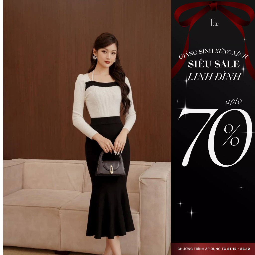 Áo len nữ dài tay cổ vuông phối màu dây cổ màu kem Tiin Store GA23031