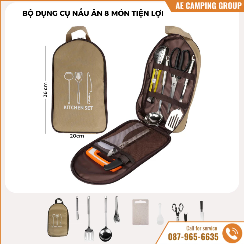 Bộ dụng cụ nấu ăn 8 món Camping có túi đựng cho du lịch và dã ngoại, cắm trại, camping Tiện Lợi[DCP5]