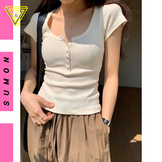 Áo Babytee TAY NGẮN NÚT BẤM DÁNG DÀI Cổ Vuông, Áo Thun Ôm Body Kiểu Basic Nữ Chất Thun Gân Dày