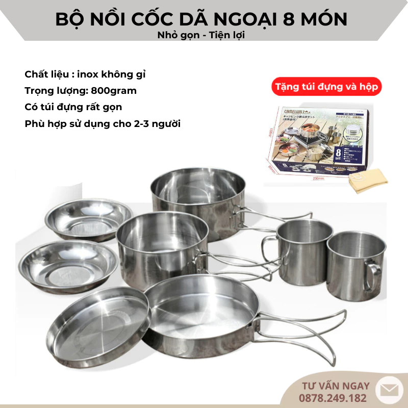 Bộ nồi chảo cốc hiệu CAMEL 8 món, Đi cắm trại tiện lợi gọn nhẹ xuất nhật [DCP2]