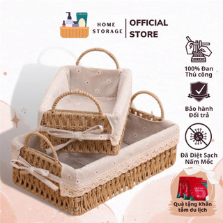 Giỏ mây đựng đồ, đựng mỹ phẩm, đựng đồ khô nhà bếp, có quai kèm vải lót