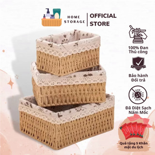 Giỏ mây đựng đồ, đựng mỹ phẩm, đựng đồ ăn vặt để bàn, decor chụp ảnh sản phẩm lót vải vintage