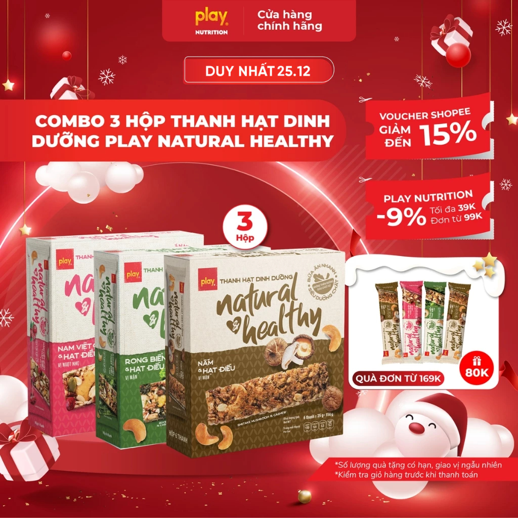 Combo 3 hộp thanh hạt dinh dưỡng PLAY Natural & Healthy - Bánh ngũ cốc ăn sáng, ăn kiêng giảm cân