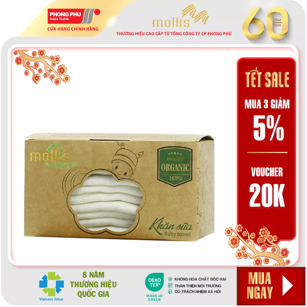 Bộ 10 Khăn Sữa Nhỏ Mollis Cotton Organic P777 30x30cm