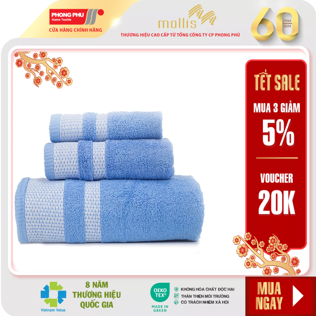 Khăn Tắm, Khăn Mặt/Gội Đầu, Khăn Tay Mollis Cotton BM1K HM1K FM1K