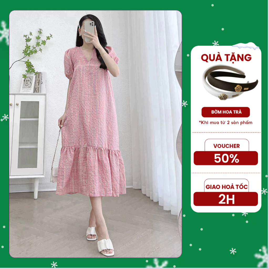 Đầm Suông Đuôi Cá Michi House Váy Xuông Màu Hồng Dáng Dài Maxi Qua Gối Cổ V Sang Trọng Freesize Bầu Mặc Xinh K19