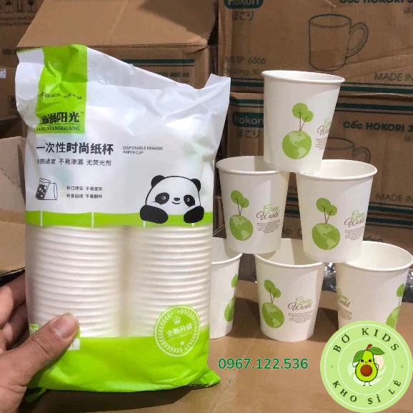 Cốc giấy dùng 1 lần, SET 50 cốc giấy gấu trúc nhập khẩu dùng 1 lần chịu nhiệt, an toàn tiện dụng - dung tích 235ml