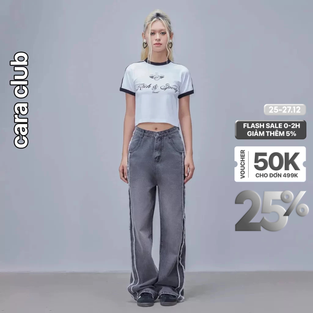 CARA Quần dài nữ Kate chất liệu jean wash màu xám dày dặn cá tính