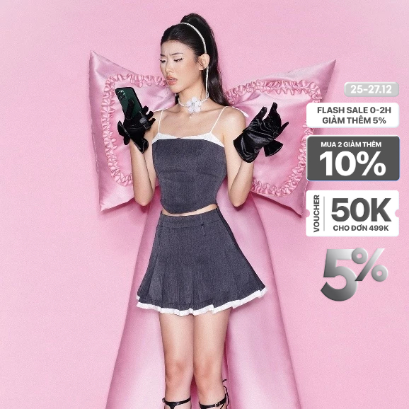 CARA Set bộ lẻ áo hai dây và chân váy xếp ly Lana trendy
