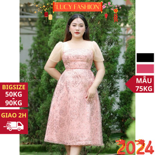 Đầm dự tiệc bigsize nữ thiết kế 50-90kg vải voan phối ren cao cấp thoáng khí, họa tiết hoa kim tuyến nữ tính thanh lịch